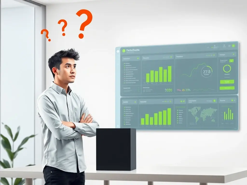 A digital illustration showing a person looking at a black box with question marks above their head, contrasted with another person looking at a transparent dashboard with clear data visualizations.