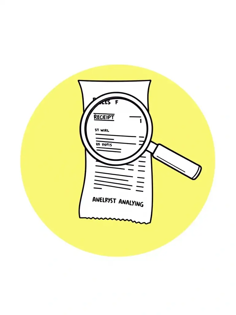 A clean line icon of a magnifying glass over a receipt, symbolizing detailed insights, set against a lime green circle on a white card background.