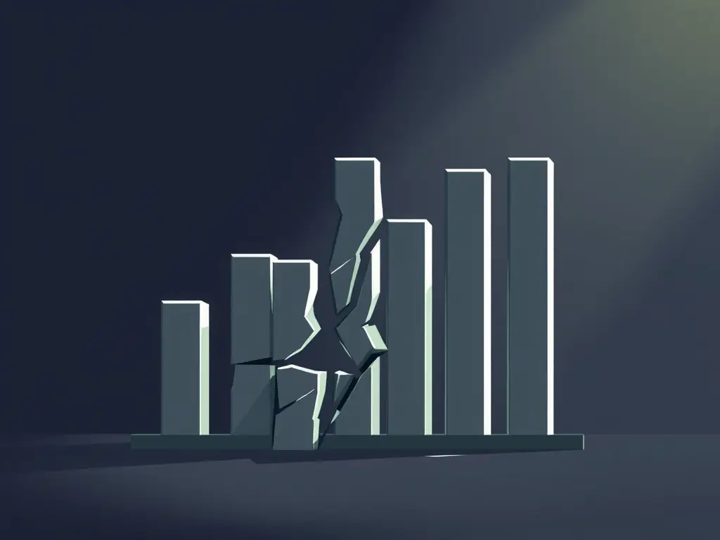 A stylized vector illustration depicting a cracked and broken traditional bar graph, symbolizing misleading creator metrics, set against a dark, ominous background.