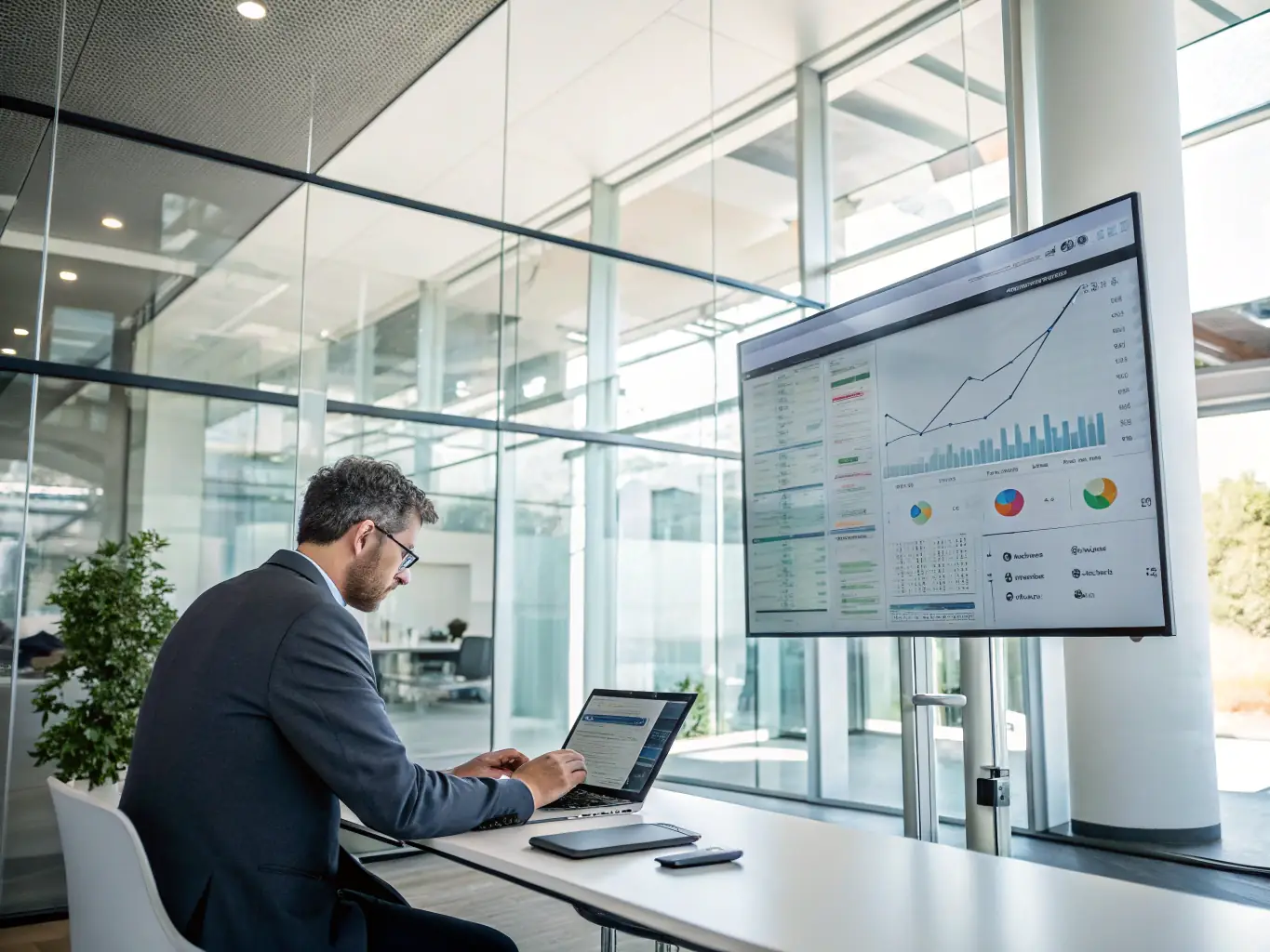 A professional consultant is reviewing a detailed analytics dashboard on a large monitor, showcasing various metrics and insights related to creator performance and audience engagement. The scene is well-lit and modern, emphasizing data-driven decision-making.